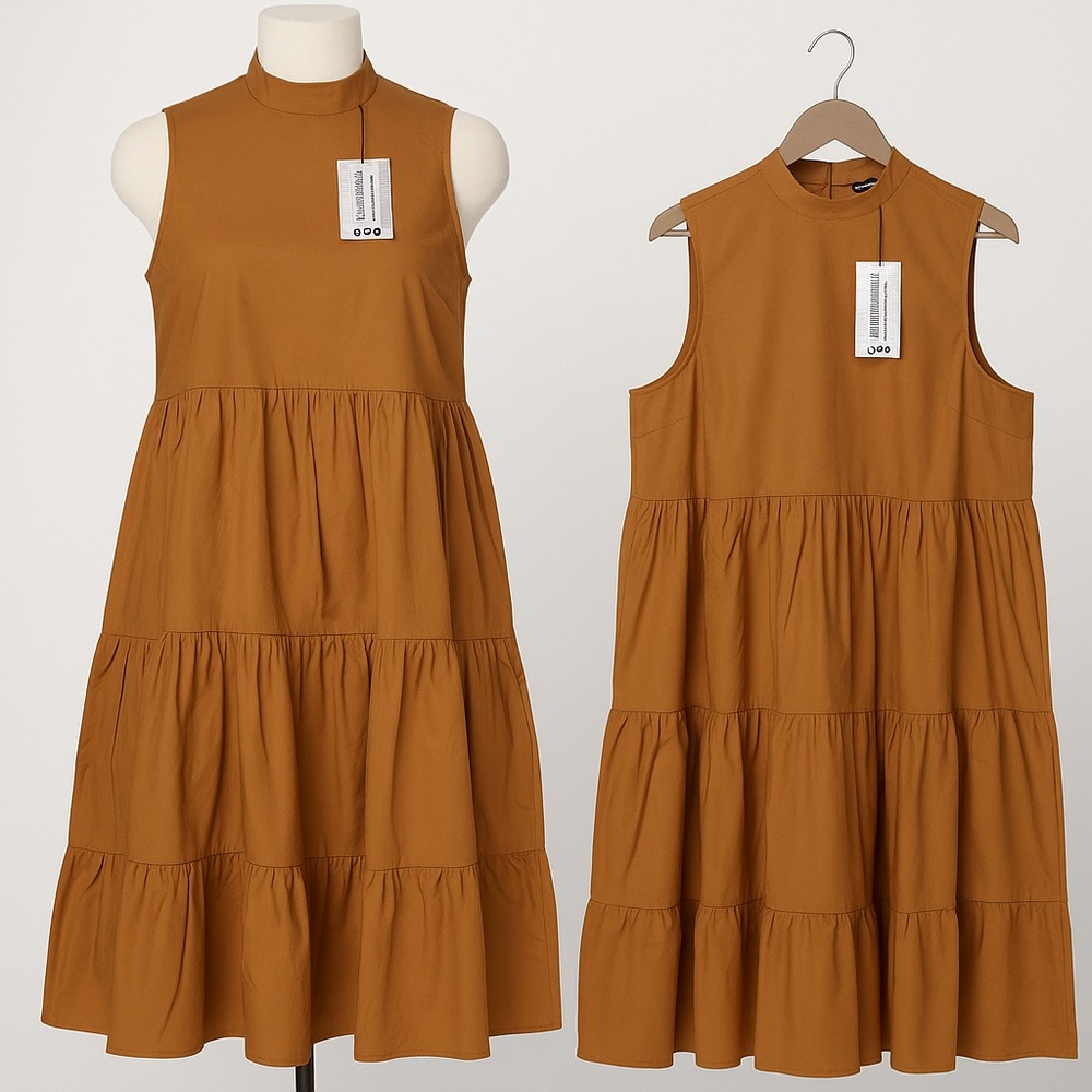 949 Plus Cotton High Neck Tread Midi Dress